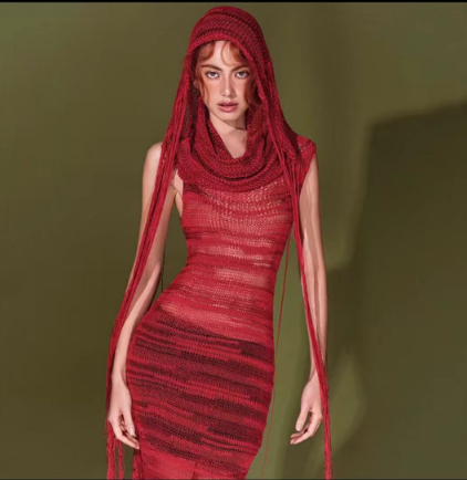 KLalien retro hooligan hooligan mesh knit hooded dress is a cool blast street slimming skirt